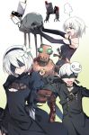  1boy 2girls blindfold blue_eyes breasts dress emil_(nier) flower gloves hair_flower hair_ornament headband highres long_hair looking_at_viewer mask mole multiple_girls nier nier_(series) nier_automata pod_(nier_automata) robot short_hair smile tsuedzu v white_background white_hair yorha_no._2_type_b yorha_no._9_type_s 