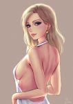  1girl alternate_hairstyle artist_name backlighting blonde_hair blue_eyes breasts brown_background casual dress earrings eyeshadow from_behind hair_down jewelry light_smile lips looking_at_viewer looking_back makeup medium_breasts mercy_(overwatch) no_wings nose open-back_dress overwatch pink_lips see-through sideboob signature simple_background solo umigraphics white_dress 