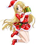  1girl asia_argento belt blonde_hair boots box eyebrows_visible_through_hair gift gift_box gloves green_eyes hat high_heels high_school_dxd highres long_hair looking_at_viewer miniskirt neck_ribbon one_eye_closed open_mouth red_hat red_shoes red_skirt ribbon santa_boots santa_costume santa_hat shiny shiny_skin shoes skirt solo transparent_background very_long_hair white_gloves white_ribbon 