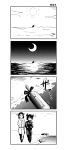 2girls 4koma arms_behind_back beach bottle comic crescent_moon eyepatch floating glasses greyscale hands_in_pockets headgear kantai_collection kei-suwabe kirishima_(kantai_collection) message_in_a_bottle monochrome moon multiple_girls ocean one_eye_covered ribbon rock sand short_hair surprised tenryuu_(kantai_collection) track_suit translation_request 