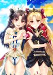  2girls :d blonde_hair blush breasts brown_hair cape cleavage earrings embarrassed ereshkigal_(fate/grand_order) fate/grand_order fate_(series) gluteal_fold groin highres hips ishtar_(fate/grand_order) jewelry long_hair luviagelita_edelfelt multiple_girls open_mouth red_eyes sato-pon smile thigh_gap tiara tohsaka_rin twintails twitter_username waist_cape wavy_mouth 