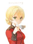  1girl aqua_eyes bangs blonde_hair braid buttons character_name collar cup darjeeling english eyebrows eyebrows_visible_through_hair eyelashes fingernails from_side girls_und_panzer hair_between_eyes hand_up holding holding_cup jacket long_sleeves looking_at_viewer military military_uniform red_jacket rushi_(bloodc) smile solo teacup tied_hair tsurime twin_braids uniform upper_body 