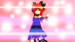  1girl animal_ears cat_ears cat_tail collar cosplay hair_ribbon heart hecatia_lapislazuli hecatia_lapislazuli_(cosplay) highres kaenbyou_rin leg_ribbon lens_flare lens_flare_abuse light_rays light_smile long_hair looking_at_viewer multiple_tails off-shoulder_shirt off_shoulder pose red_eyes redhead ribbon shirt skirt solo tail touhou twintails two_tails wrist_cuffs zextillion 