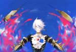  1boy 9tsumura clouds death fate/apocrypha fate/grand_order fate_(series) fur_collar hole_in_chest jewelry karna_(fate) looking_at_viewer male_focus pale_skin short_hair sky white_hairsky 
