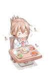  1girl =_= blush_stickers bowl brown_hair chair commentary_request cup drinking_glass eating egg folded_ponytail food fork fujishima_shinnosuke inazuma_(kantai_collection) jam kantai_collection knife neckerchief plate salad school_uniform serafuku simple_background sitting solo sunny_side_up_egg table toast tomato white_background 