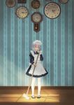  1girl analog_clock apron black_shoes bow broom clock closed_eyes dated gears green_bow highres holding izayoi_sakuya maid_headdress null_cell pendulum_clock shoes short_hair silver_hair solo standing sunlight touhou white_legwear 
