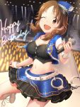  1girl blush breasts brown_eyes brown_hair cleavage cuffs earrings handcuffs happy_birthday hat highres idolmaster idolmaster_cinderella_girls jewelry katagiri_sanae long_hair looking_at_viewer microphone midriff moser navel one_eye_closed open_mouth police_hat smile solo twintails 