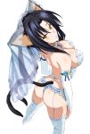  1girl animal_ears bare_shoulders black_hair blue_panties blue_ribbon breasts bridal_veil cat_ears cat_tail cleavage detached_sleeves frilled_panties frills from_above garter_belt hair_between_eyes high_heels high_school_dxd kuroka_(high_school_dxd) large_breasts long_hair looking_at_viewer looking_back panties ribbon shiny shiny_skin shoes solo standing tail thigh-highs transparent_background underwear underwear_only veil white_legwear white_shoes yellow_eyes 