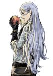  1boy adam_(nier_automata) bangs eyelashes food fruit gloves holding holding_fruit long_hair looking_at_viewer male_focus nier_(series) nier_automata open_mouth pale_skin profile red_eyes solo standing white_background white_hair 