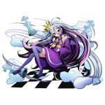  1girl ahoge blue_legwear chess_piece collarbone crown divine_gate dress full_body hair_between_eyes king_(chess) long_hair looking_at_viewer multicolored_hair no_game_no_life official_art purple_dress purple_hair red_eyes shiro_(no_game_no_life) silver_hair solo thigh-highs transparent_background two-tone_hair ucmm very_long_hair 