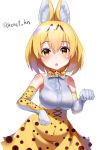  1girl animal_ears animal_print artist_name bare_shoulders blonde_hair blush bow breasts cat_ears cat_tail elbow_gloves female gloves henet_hene kemono_friends large_breasts looking_at_viewer open_mouth serval_(kemono_friends) serval_ears serval_print serval_tail shirt short_hair simple_background skirt sleeveless sleeveless_shirt solo standing tail white_background white_shirt yellow_eyes 