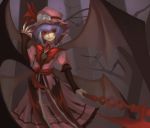  1girl absurdres bat bat_wings dress fangs hat hat_ribbon high_collar highres holding holding_weapon juliet_sleeves lips long_sleeves mob_cap nail_polish pink_dress puffy_sleeves purple_hair red_eyes red_ribbon remilia_scarlet ribbon short_hair smile solo spear_the_gungnir standing touhou weapon wings 