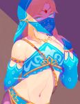  1boy alternate_costume blonde_hair blue_eyes circlet crossdressinging detached_sleeves gerudo_link jewelry link looking_at_viewer male_focus midriff navel necklace ravefirell shade solo stomach the_legend_of_zelda the_legend_of_zelda:_breath_of_the_wild trap upper_body veil 