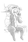  1girl breasts closed_eyes collarbone fangs helmet highres imp midna monochrome navel neon_trim pointy_ears sitting sketch small_breasts solo the_legend_of_zelda the_legend_of_zelda:_twilight_princess thick_thighs thighs tongue tongue_out yawning 