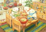  bear bird brick_wall chair food indoors kettle kitchen no_humans onigiri original penguin plant polar_bear potted_plant sitting slippers_removed st.kuma stove table traditional_media watercolor_(medium) 