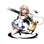  1girl :d black_jacket black_legwear brown_shoes cellphone divine_gate dog dress_shirt full_body holding iphone jacket miniskirt neck_ribbon open_clothes open_jacket open_mouth outstretched_arm phone pink_hair pleated_skirt red_eyes red_ribbon ribbon school_uniform shadow shirt shoes short_hair skirt smartphone smile solo ucmm w white_shirt yahari_ore_no_seishun_lovecome_wa_machigatteiru. yuigahama_yui 