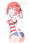  1girl artist_name ass bare_shoulders blush_stickers breasts doyagao fang gabriel_dropout gradient_hair heart kitahara_tomoe_(kitahara_koubou) kurumizawa_satanichia_mcdowell looking_at_viewer looking_back multicolored_hair open_mouth pink_eyes redhead shirt short_shorts shorts sideboob sketch smile solo striped striped_shirt white_background 