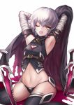  1girl ;d armpits assassin_of_black bandage bare_shoulders black_legwear black_panties blush breasts cape cleavage cleavage_cutout commentary_request dagger fate/apocrypha fate/grand_order fate_(series) green_eyes highres looking_at_viewer midriff navel one_eye_closed open_mouth panties scar short_hair silver_hair simple_background sitting small_breasts smile solo thigh-highs thighs underwear wariza weapon white_background yui_(kawalcjil4) 