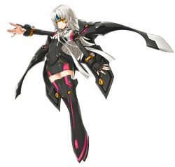  1girl armor armored_boots black_gloves boots code:_nemesis_(elsword) elsword eve_(elsword) fingerless_gloves full_body gloves long_hair official_art outstretched_arm silver_hair solo transparent_background yellow_eyes 