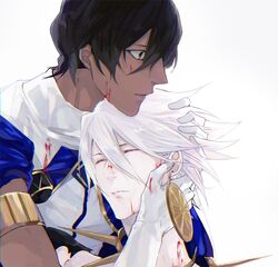  2boys 9tsumura arjuna_(fate/grand_order) black_hair blood brothers closed_eyes dark_skin fate/apocrypha fate/grand_order fate_(series) hug jewelry karna_(fate) male_focus multiple_boys pale_skin short_hair siblings white_background white_hair 