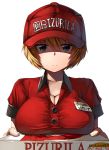  1girl blonde_hair blue_eyes breast_press breast_rest breasts cleavage collarbone delivery expressionless hat large_breasts looking_at_viewer original pizza_box shaun_(fallenicons) short_hair simple_background solo uniform 