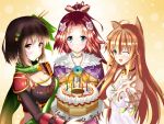  3girls ;d ahoge animal_ears bell bell_choker blue_eyes bow breasts brown_hair cake candle choker cleavage copyright_name dress enokorogusa_(flower_knight_girl) flower flower_knight_girl food green_scarf hair_bow hair_flower hair_ornament jewelry leaf_hair_ornament long_hair looking_at_viewer magatama momiji_(flower_knight_girl) multiple_girls nadeshiko_(flower_knight_girl) necklace one_eye_closed open_mouth outstretched_hand pink_bow ponytail red_eyes scarf short_hair smile standing upper_body white_dress x_hair_ornament yoruka_(yukiyukimasamasa) 