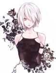  1girl arms_behind_back bare_shoulders black_gloves breasts collarbone elbow_gloves floral_background gloves grey_eyes hair_over_eyes lips looking_at_viewer nier_(series) nier_automata sakai_sei short_hair silver_hair small_breasts solo spoilers thigh-highs upper_body yorha_type_a_no._2 