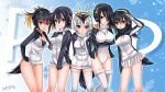  5girls black_hair black_jacket blush breasts brown_hair covered_navel emperor_penguin_(kemono_friends) gentoo_penguin_(kemono_friends) hair_over_one_eye headphones highres hood hooded_jacket humboldt_penguin_(kemono_friends) jacket jacket_tug kemono_friends large_breasts leotard long_hair looking_at_viewer miniskirt multiple_girls omoomomo open_clothes open_jacket open_mouth panties pantyshot penguins_performance_project_(kemono_friends) pleated_skirt red_eyes rockhopper_penguin_(kemono_friends) royal_penguin_(kemono_friends) shiny shiny_skin short_hair simple_background skirt smile standing tail thigh-highs tied_hair twintails underwear white_legwear white_leotard white_panties white_skirt 