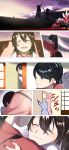  4girls akagi_(kantai_collection) bangs black_hair blue_hair blush brown_hair closed_eyes clouds comic commentary flower green_ribbon hair_between_eyes hair_ribbon hairband highres houshou_(kantai_collection) hug japanese_clothes kaga_(kantai_collection) kantai_collection kimono laundry laundry_pole long_hair multiple_girls ponytail ribbon round_teeth shouji shoukaku_(kantai_collection) side_ponytail silhouette silver_hair sky sliding_doors smile swept_bangs tachikoma_(mousou_teikoku) tasuki teeth white_hair younger 