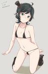  1girl bare_arms bare_legs bare_shoulders bikini black_bikini black_hair black_shoes character_name dated flying_sweatdrops green_eyes grey_background hat kantai_collection kichihachi matsukaze_(kantai_collection) micro_bikini mini_hat mini_top_hat shoes short_hair simple_background solo sweat swimsuit top_hat twitter_username 