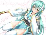  1girl absurdres aqua_hair blush breasts commentary_request fate/grand_order fate_(series) green_hair hair_ornament highres horns japanese_clothes kimono kiyohime_(fate/grand_order) large_breasts long_hair looking_at_viewer moyoron petals sash smile solo thigh-highs white_legwear yellow_eyes 