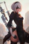  1girl black_dress black_gloves black_legwear blindfold breasts cleavage dress gloves grey_hair hairband koyorin mole mole_under_mouth nier_(series) nier_automata sheath sheathed short_hair solo thigh-highs yorha_no._2_type_b 