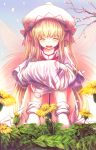  1girl blonde_hair closed_eyes dress flower hat lily_white ribbon smile solo touhou white_dress wings 