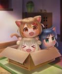  &gt;_&lt; 3girls :d animal_ears black_hair blurry box brown_eyes brown_hair cardboard_box cat_ears cat_tail chibi closed_eyes dej_(shiori2525) depth_of_field green_eyes hair_ornament hairclip highres in_box in_container long_hair looking_at_viewer maa_(nyanko_days) multiple_girls nyanko_days open_mouth rou_(nyanko_days) shii_(nyanko_days) short_hair silver_hair smile tail 