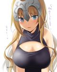  1girl arms_at_sides bangs blonde_hair blue_eyes blush breasts cleavage eyebrows_visible_through_hair fate/apocrypha fate_(series) grey_sweater headpiece heart large_breasts long_hair looking_at_viewer meme_attire open-chest_sweater parted_lips protected_link ruler_(fate/apocrypha) saikawa_yusa simple_background sleeveless sleeveless_turtleneck smile solo sweater turtleneck turtleneck_sweater twitter_username upper_body white_background 
