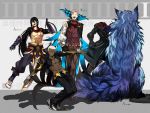  4boys abs animal archer armor black_gloves butterfly closed_eyes dark_skin dark_skinned_male emiya_alter facial_hair fate/grand_order fate_(series) formal full_body gloves headless hessian_(fate/grand_order) highres james_moriarty_(fate/grand_order) lobo_(fate/grand_order) long_hair looking_at_viewer male_focus multiple_boys muscle mustache ponytail short_hair simple_background smile suit tattoo very_dark_skin white_hair wolf yan_qing_(fate/grand_order) 