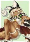  1girl armpits beltbra beltskirt bracelet breasts cape dark_skin guilty_gear guilty_gear_xrd hair_between_eyes hat highres jewelry knee_up long_hair looking_at_viewer medium_breasts navel orange_eyes parted_lips ramlethal_valentine revealing_clothes roura short_shorts shorts silver_hair solo stomach thigh_strap under_boob 