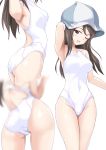  1girl armpits ass blurry breasts brown_eyes brown_hair competition_swimsuit covered_navel cowboy_shot gin&#039;you_haru girls_und_panzer hat highres long_hair looking_at_viewer medium_breasts mika_(girls_und_panzer) multiple_views one-piece_swimsuit one_eye_closed simple_background smile standing swimsuit white_background white_swimsuit 