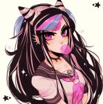  1girl black_hair blue_hair blush bubble_blowing chewing_gum choker collarbone dangan_ronpa ear_piercing eyelashes from_above heart looking_at_viewer looking_up mioda_ibuki multicolored_hair neckerchief parted_lips piercing pink_eyes pink_hair pink_neckerchief savannah_(yugino) school_uniform serafuku shirt short_sleeves simple_background sleeve_cuffs solo sparkle spiked_choker star super_dangan_ronpa_2 tsurime upper_body white_hair white_shirt yellow_background 