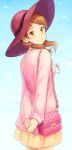  1girl arms_behind_back bag blush brown_eyes brown_hair female hat houjou_karen idolmaster idolmaster_cinderella_girls idolmaster_cinderella_girls_starlight_stage long_hair looking_at_viewer looking_back low_twintails monza pleated_skirt skirt smile solo 