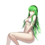  1girl bare_shoulders bikini bottomless breasts c.c. cleavage code_geass green_hair highres legendwarrior long_hair looking_at_viewer navel scar simple_background solo swimsuit white_background white_bikini yellow_eyes 