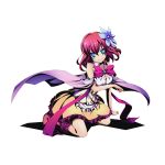  1girl blue_eyes blue_flower bow breasts cae cleavage detached_sleeves divine_gate flower frilled_skirt frills full_body hair_flower hair_ornament kneeling long_hair looking_at_viewer medium_breasts no_game_no_life official_art purple_bow red_ribbon redhead ribbon shadow skirt sleeveless smile solo stephanie_dora transparent_background ucmm 