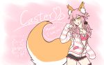  1girl animal_ears aoi_maguro black_legwear bra breasts character_name fate/extella fate/extra fate_(series) fox_ears fox_tail heart highres large_breasts looking_at_viewer nail_polish open_clothes open_shirt pink_bra pink_hair shirt solo speech_bubble tail tamamo_(fate)_(all) tamamo_no_mae_(fate) thigh-highs tongue tongue_out translation_request underwear yellow_eyes 
