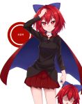 1girl black_blouse blouse blush bow cape character_name contrapposto hair_bow highres long_sleeves miniskirt nose_blush pleated_skirt red_cape red_eyes red_skirt redhead sekibanki skirt solo tohochang touhou 