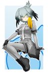  1girl black_hair bodystocking boots full_body gloves green_eyes grey_hair head_wings highres kazuma_muramasa kemono_friends multicolored_hair necktie shirt shoebill_(kemono_friends) shorts solo white_necktie wings 