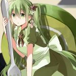  1girl cake food fork green_eyes green_hair hatsune_miku long_hair maid minigirl solo twintails very_long_hair vocaloid yuruno 