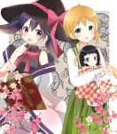  2girls :d ahoge bangs bare_shoulders black_bow black_hair black_hat black_shirt blue_eyes blue_hair blunt_bangs blush bob_cut book bow bowtie branch breasts brown_background brown_eyes buttons checkered checkered_kimono clockwork commentary_request cowboy_shot cross doll finger_to_mouth flower frilled_shirt_collar frilled_skirt frills gears gradient gradient_background green_hakama hair_between_eyes hair_bow hakama hat hat_ribbon highres holding holding_doll japanese_clothes kimono latin_cross long_hair long_sleeves looking_at_viewer matsuko_(urara_meirochou) mole mole_under_eye multiple_girls natsume_nono obi off_shoulder open_mouth orange_hair pink_bow pink_bowtie pink_ribbon ponytail purple_skirt ribbon ryoutan sash shirt short_eyebrows short_hair skirt sleeveless sleeveless_shirt small_breasts smile striped striped_shirt thick_eyebrows twintails urara_meirochou vertical-striped_shirt vertical_stripes violet_eyes white_kimono white_shirt wide_sleeves witch_hat yukimi_koume 