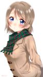  1girl arms_behind_back bangs bico_(bicoris) blue_eyes blush coat green_scarf grey_hair highres looking_at_viewer love_live! love_live!_sunshine!! plaid plaid_scarf scarf short_hair simple_background solo swept_bangs upper_body watanabe_you white_background winter_clothes 