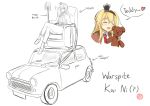  1girl blonde_hair car cosplay couch crown english ground_vehicle heart highres kantai_collection mini_cooper mini_crown mop motor_vehicle mr_bean mr_bean_(character) mr_bean_(character)_(cosplay) necktie parody setia_pradipta source_request sparkle spoken_heart stuffed_animal stuffed_toy teddy_bear warspite_(kantai_collection) 