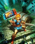  1boy 1girl blonde_hair blue_eyes emphasis_lines genzoman link looking_at_viewer nintendo nintendo_switch pointy_ears princess_zelda shield smile sword the_legend_of_zelda the_legend_of_zelda:_breath_of_the_wild treasure_chest weapon 